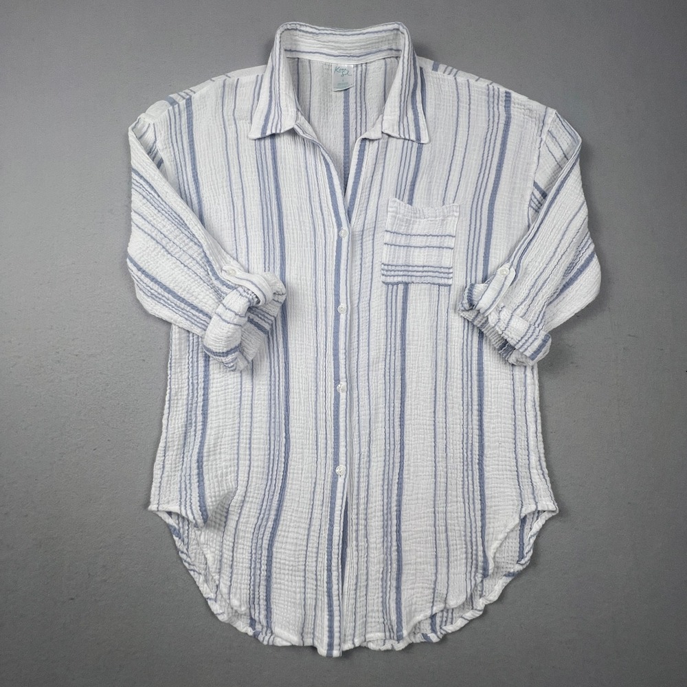 Kona Sol Button Down Shirt Women‎ S White Blue Striped Cotton Gauze Beach Boho